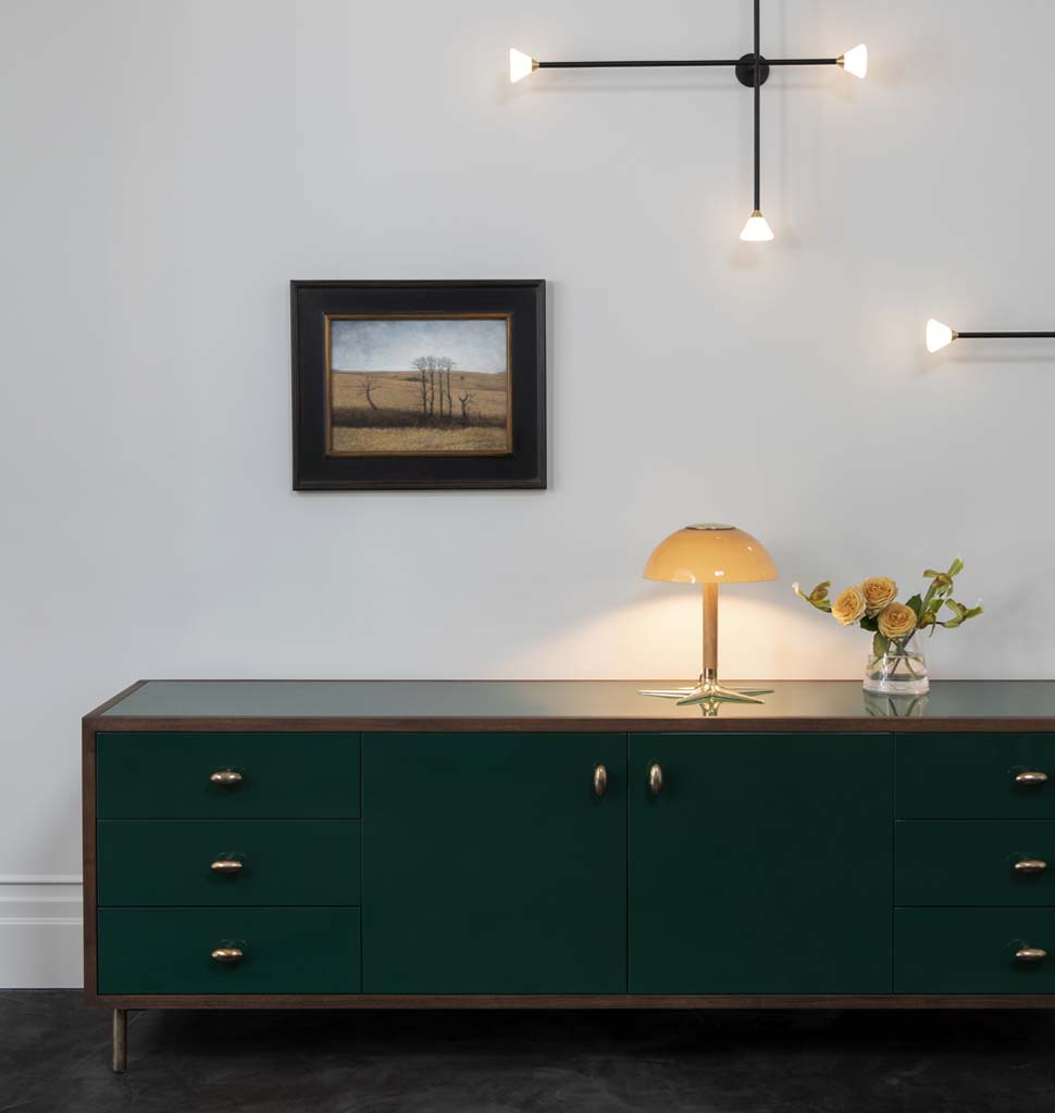 Table Lamp (White Oak/Unlacquered brass) — Roll & Hill Showroom, New York City. Image by Sarah Elliott