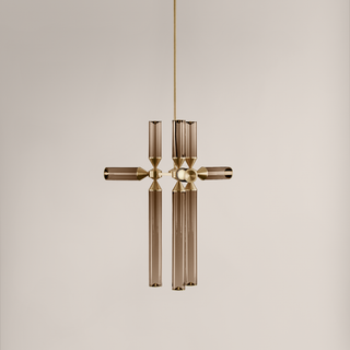 Decorative pendant light with a geometric design on a beige background
