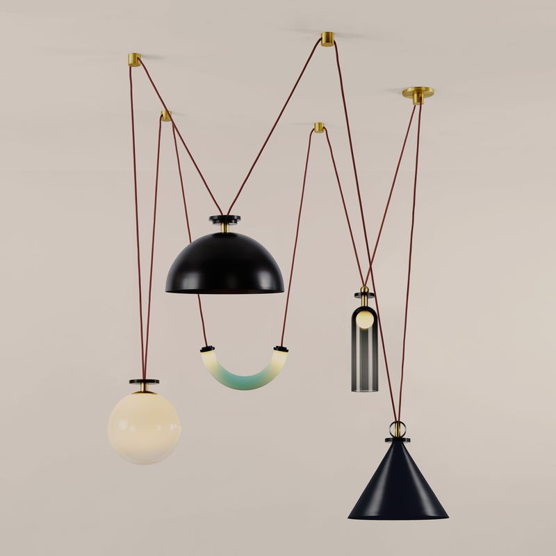 5-Piece Chandelier (Blackened steel cone/Blackened steel hemisphere - Currant)