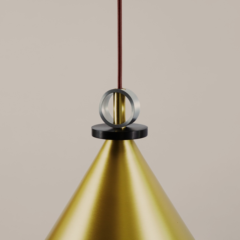 Shape Up Pendant - Cone (Brushed Brass - Currant) Shape Up 3 Piece (Brushed Brass - Currant) Shape Up Double Pendant (Brushed Brass - Currant) 5-Piece Chandelier (Brushed Brass cone/Blackened steel hemisphere - Currant)
5-Piece Chandelier (Brushed Brass cone/Brushed Brass hemisphere - Currant)
5-Piece Chandelier (Brushed Brass cone/Brushed copper hemisphere - Currant)