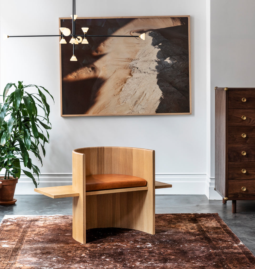 Sit, Set Chair (White oak / Caramel leather) — Roll & Hill Showroom, New York City. Image by Max Burkhalter