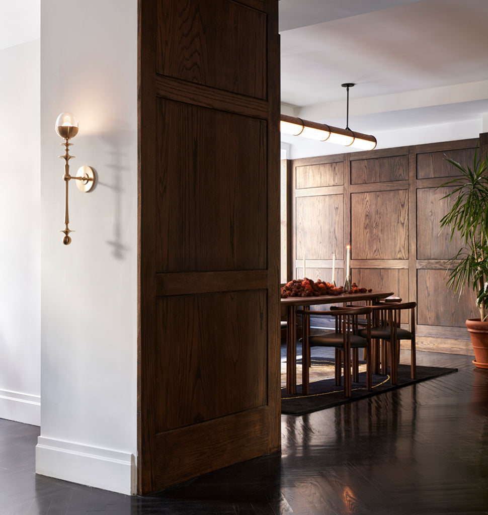 Single Arm Sconce (Unlacquered brass/Clear glass) — Roll & Hill Showroom, New York City. Image by Louisa Fulkerson + Fyodor Shiryaev