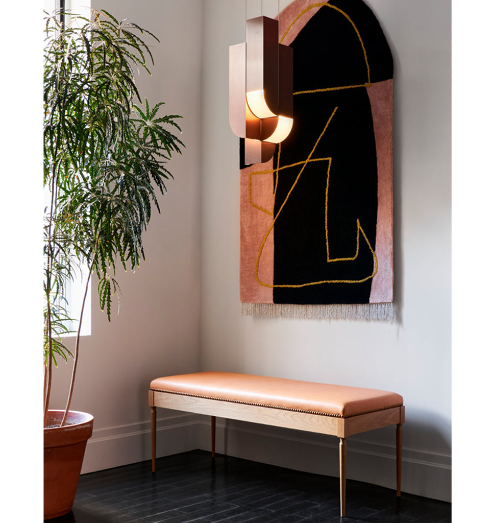 The Judy Bench (White Oak/Vachetta Leather) — Roll & Hill Showroom, New York City. Image by Louisa Fulkerson + Fyodor Shiryaev