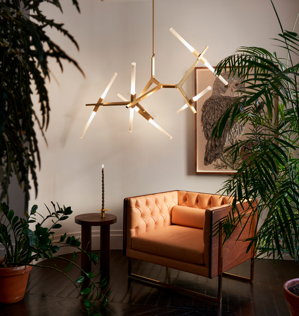 Chandelier - 10 Lights (Brushed brass/Straight-cut glass) — Roll & Hill Showroom, New York City. Image by Louisa Fulkerson + Fyodor Shiryaev