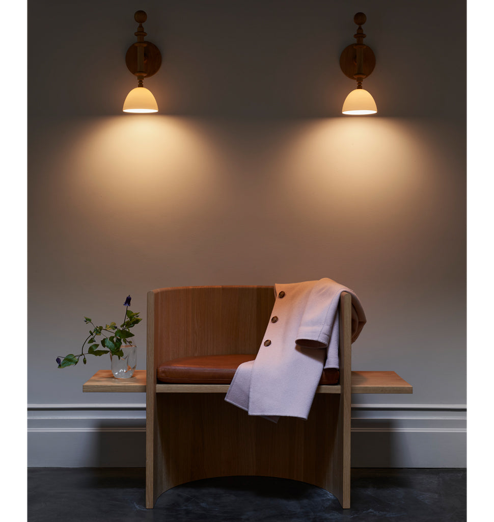Single Arm Sconce (White oak/White bone china) — Roll & Hill Showroom, New York City. Image by Louisa Fulkerson + Fyodor Shiryaev
