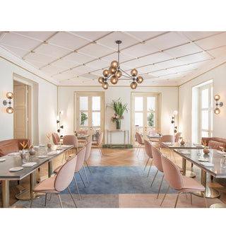 Chandelier   3 Sided, 10 Globes (Black/Smoke) — Whitegrass Restaurant, Singapore. Interior by Takenouchi Webb. Image by Jovian Lim
