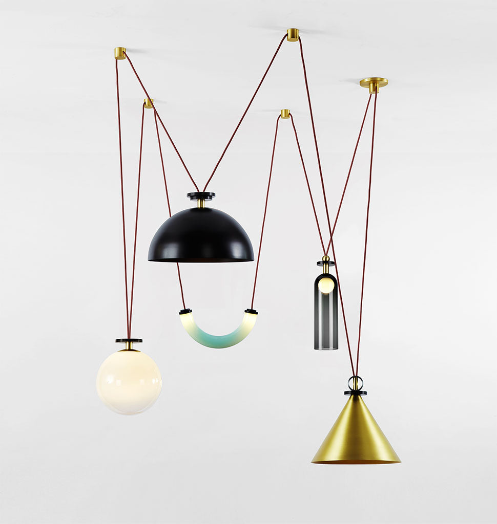 5-Piece Chandelier (Brushed brass cone/Blackened steel hemisphere)