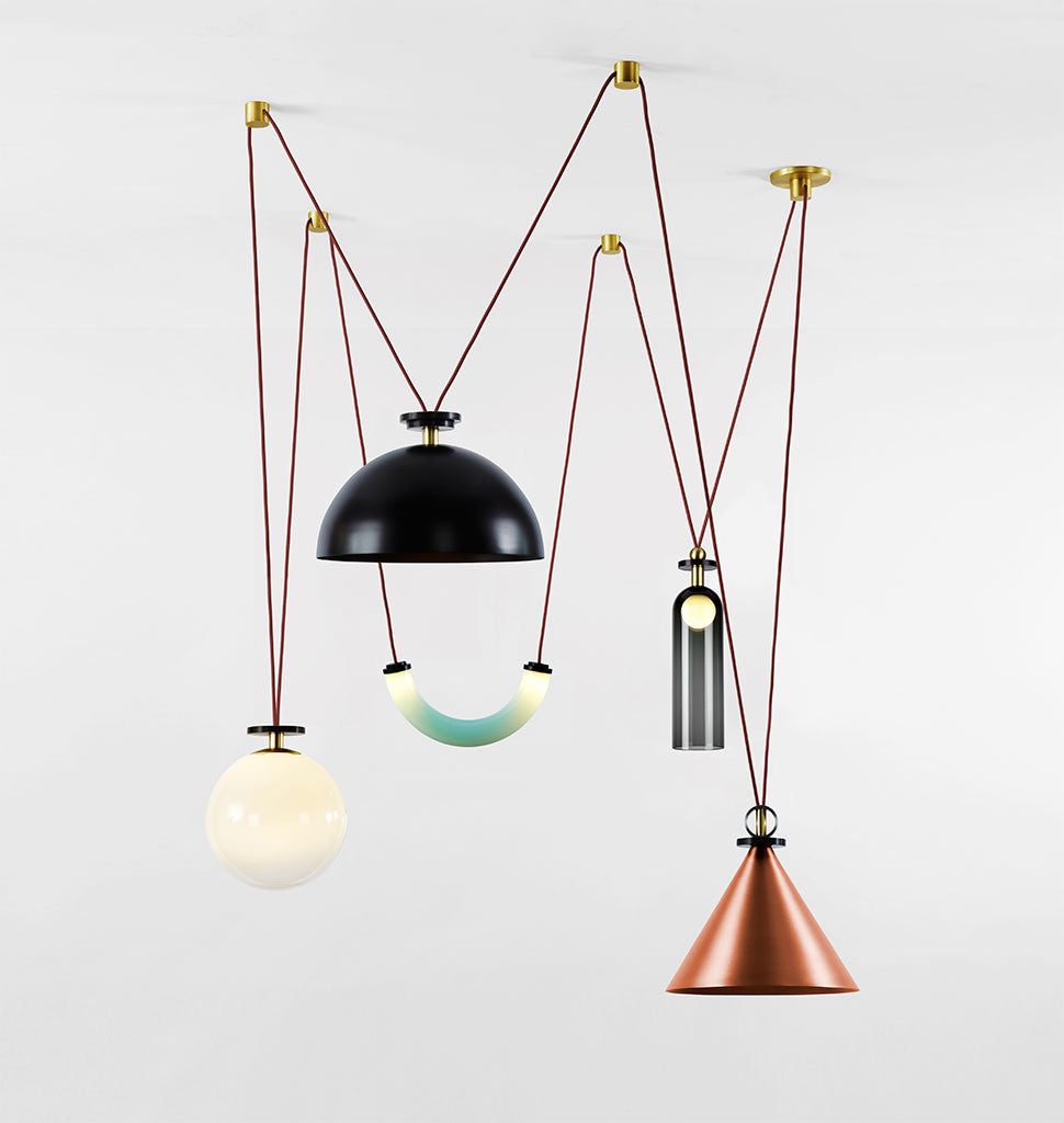 5-Piece Chandelier (Brushed copper cone/Blackened steel hemisphere)