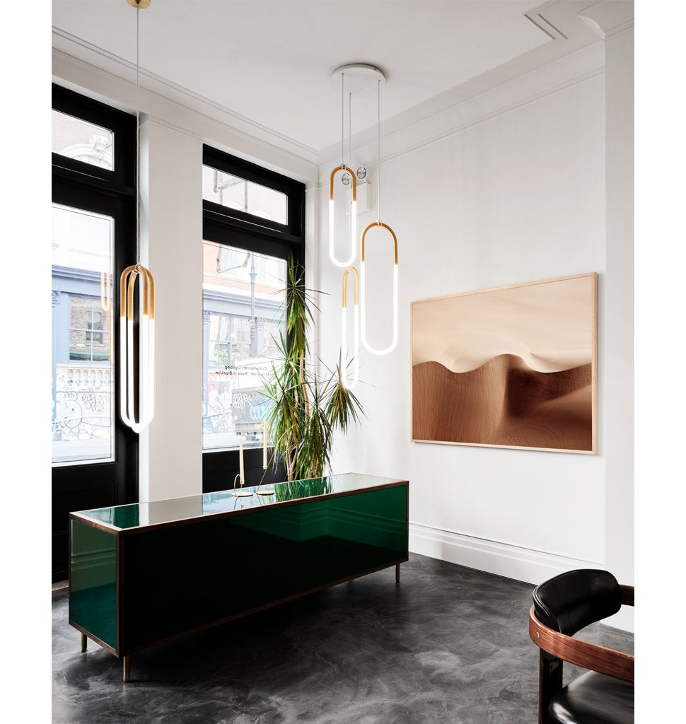 Loop 01, Loop 02, Loop 03, Double, Custom Configuration (Satin brass) — Roll & Hill Showroom, New York City. Image by Brooke Holm